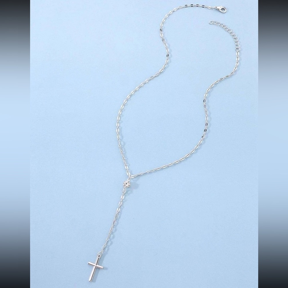 Silver Y Lariat Necklace, Silver Cross Necklace, Lariat Cross Necklace - Picture 2 of 3